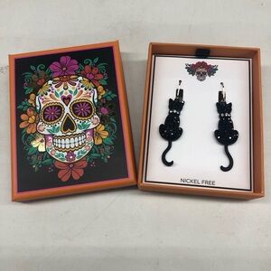 Adorable Black Cat Rhinestone Dangle Earrings NWT